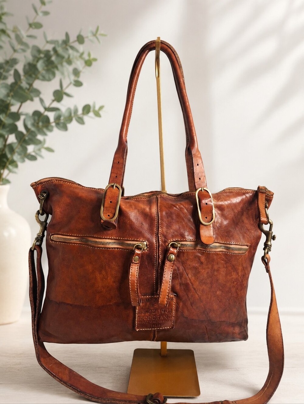 Campomaggi Vintage Cognac Leather Tote Crossbody Bag Made in Italy